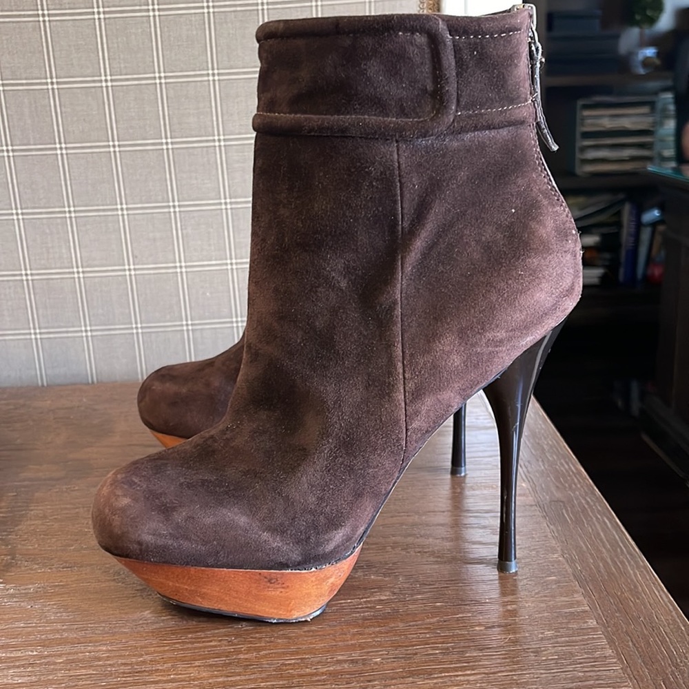 L.A.M.B. Dark Brown Suede and Leather High Stiletto Heel Platform Booties, 8